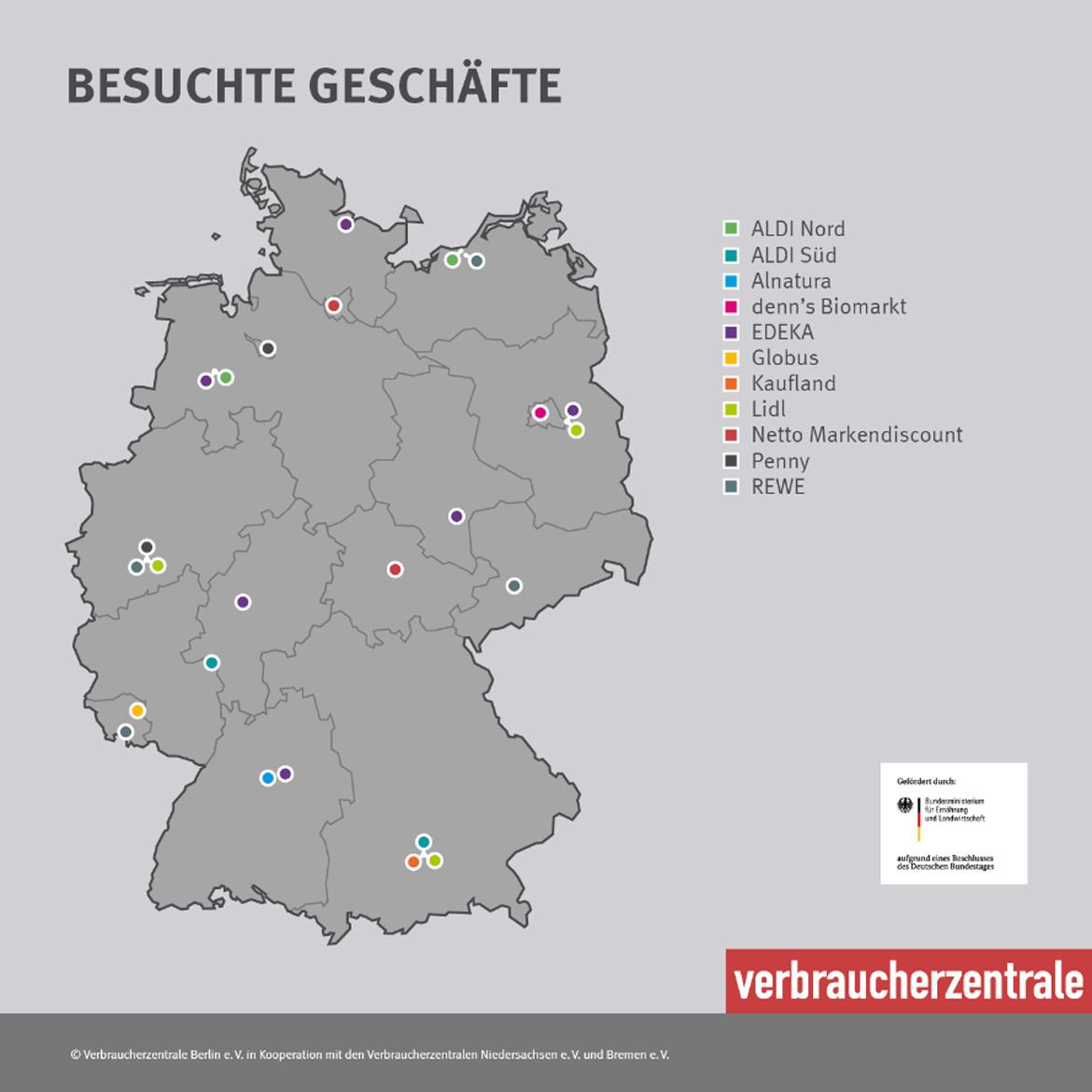 Deutschlandkarte mit Markierungen zu besuchen Geschäften des Marktchecks