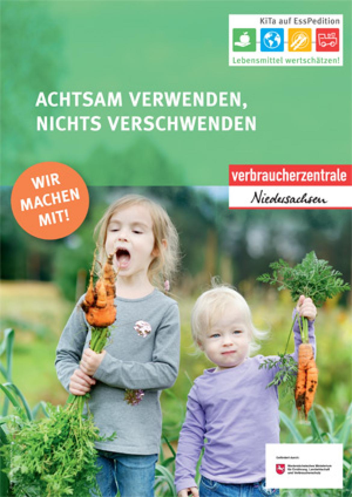 Plakat zu Lebensmittelwertschätzung mit zwei Kindern, die Karotten halten.