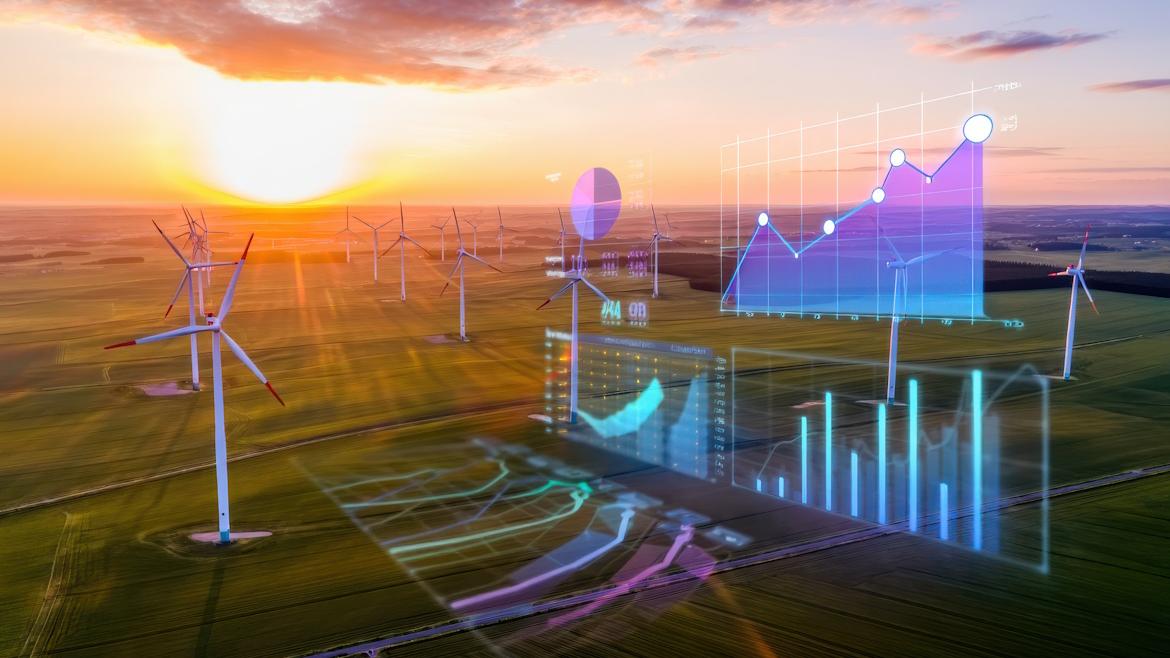 Windräder vor Sonnenuntergang, darüber gelegt verschiedene Säulendiagramme