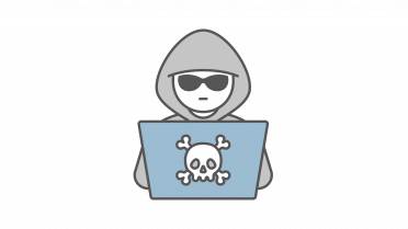 Grafik Person mit Hoodie und Sonnenbrille hinter Laptop mit Totenkopf