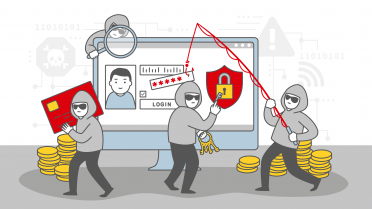 Grafik: Verschiedene Symbole Internetkriminalität: Männer mit Hoodie und Sonnenbrille mit Angel, Kreditkarte, Schloss, Lupe