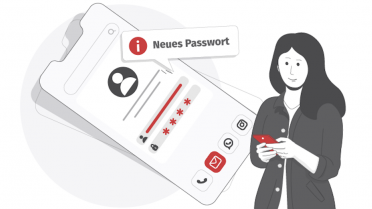 Grafik Frau, Smartphone, Passwort zu gehackte Onlinekonten