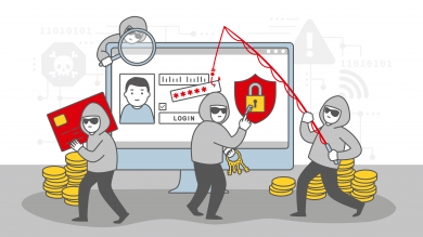Grafik: Verschiedene Symbole Internetkriminalität: Männer mit Hoodie und Sonnenbrille mit Angel, Kreditkarte, Schloss, Lupe