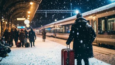 Menschen stehen am verschneiten Bahngleis