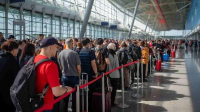 Schlange von Menschen am Flughafen