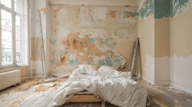 Bett in renovierungsbedürftigem Zimmer