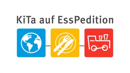 Logo der Aktion Kita auf Esspedition,  3 Symbole Weltkugel auf blauem Hintergrund, Besteck und Teller auf gelbem Hintergrund, Lok auf rotem Hintergrund