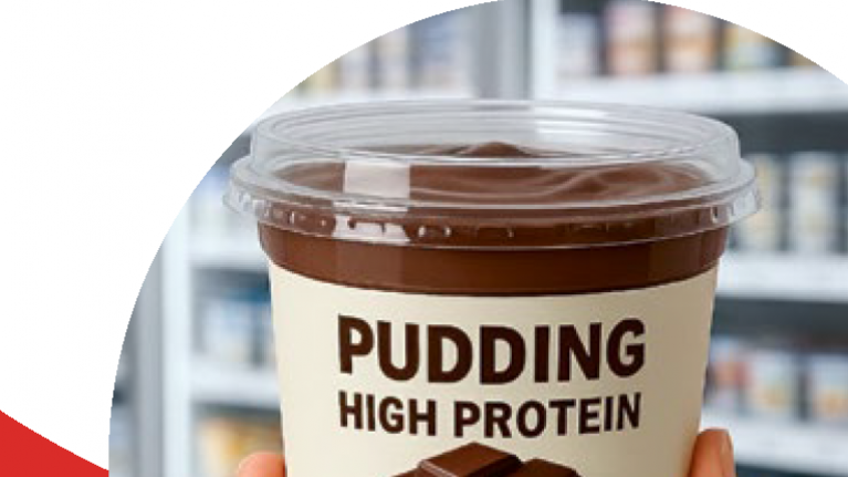 Flyer oben weiß unten rot. KI Bild High Protein Joghurt in Hand