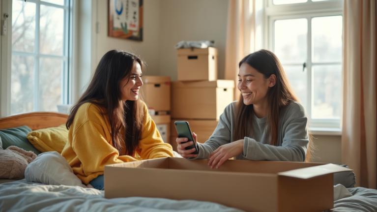 Zwei junge Frauen packen Kartons in Schlafraum aus