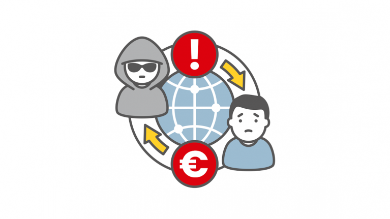 Zeichnung Mensch mit Hoodie und Sonnenbrille, Ausrufezeichen, Eurozeichen, Mensch mit blauem Schirt