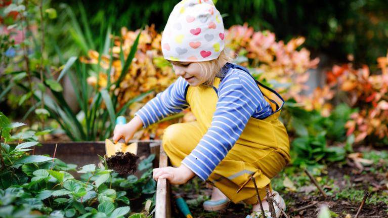 Kind mit Schaufel an Gemüsebeet