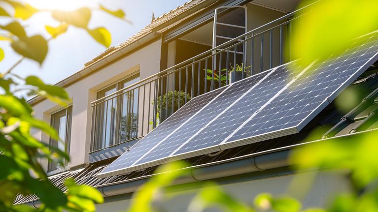 Kleine Solaranlage an Hausfassade im Sonnenschein