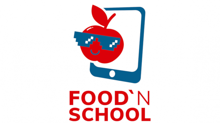 Roter Apfel mit blauer Sonnenbrille vor blauem Tablet, Schriftzug Food'nSchool