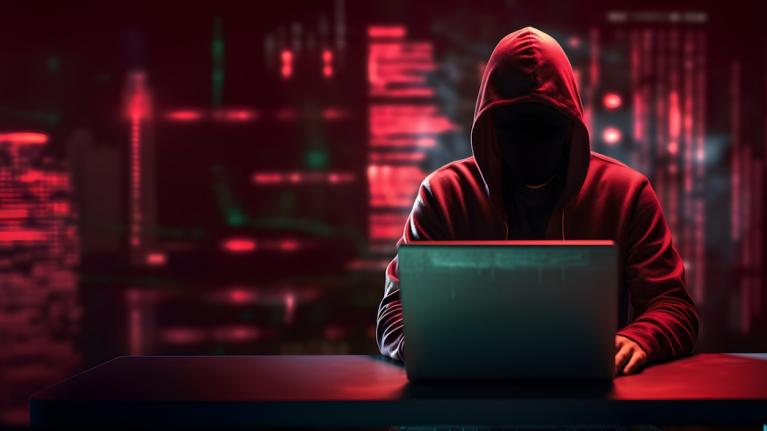 Mann mit Kapuze vor Laptop, Hackerangriff