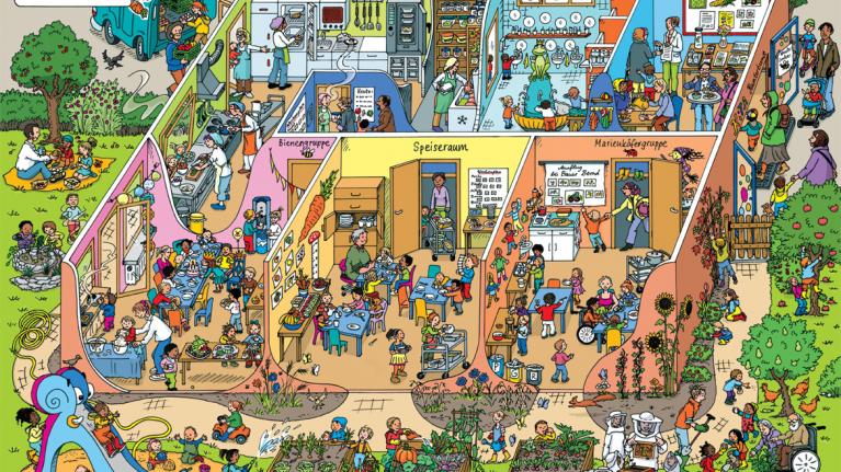Wimmelbild zum Thema Essen für Kindergärten
