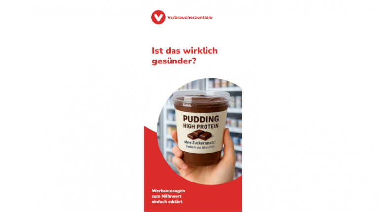 Flyer oben weiß unten rot. KI Bild High Protein Joghurt in Hand
