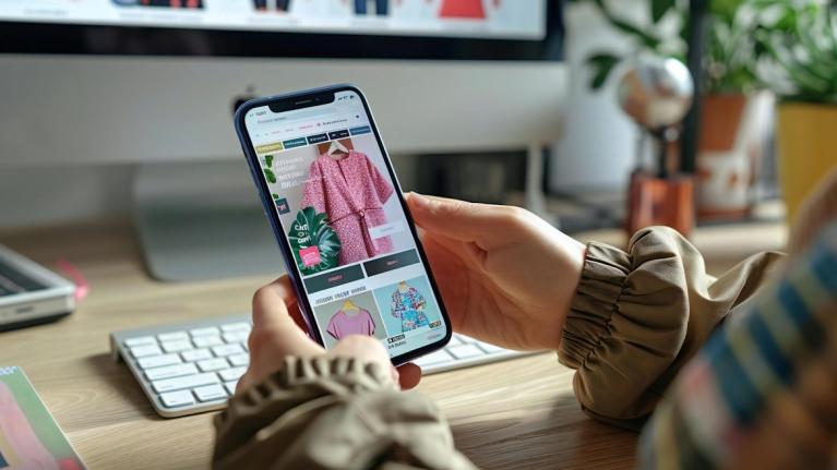Nahaufnahme einer Hand mit Mobiltelefon beim Onlineshopping an Holztisch