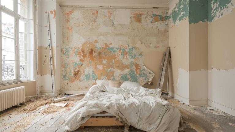 Bett in renovierungsbedürftigem Zimmer