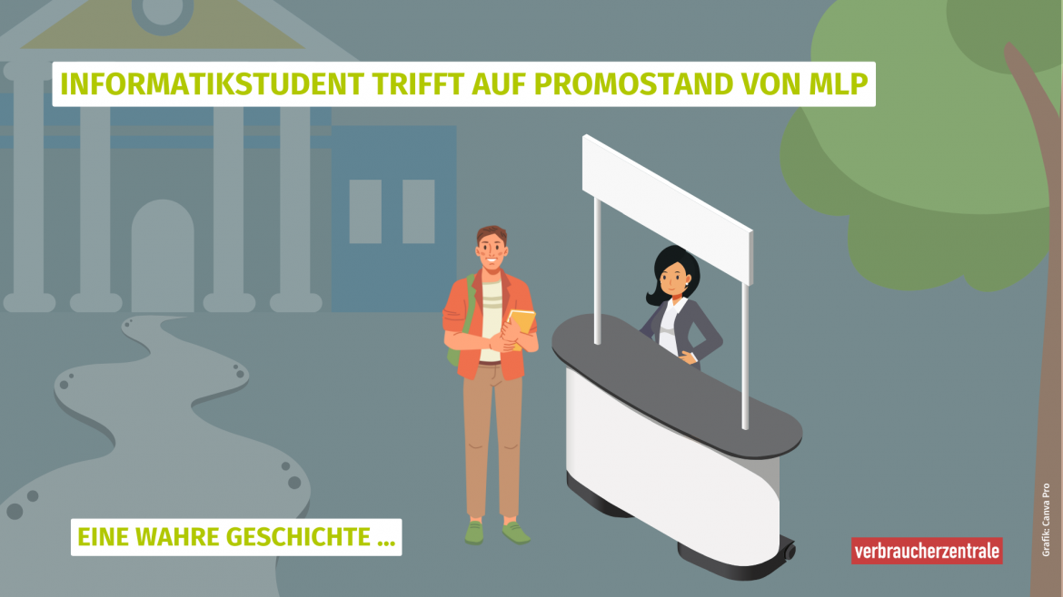 Grafik: Student vor Infostand