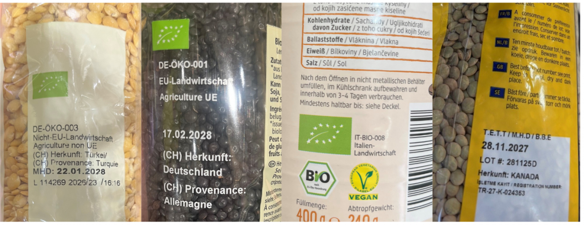 Verschieden Tüten mit Hülsenfrüchten und Herkunftsangabe
