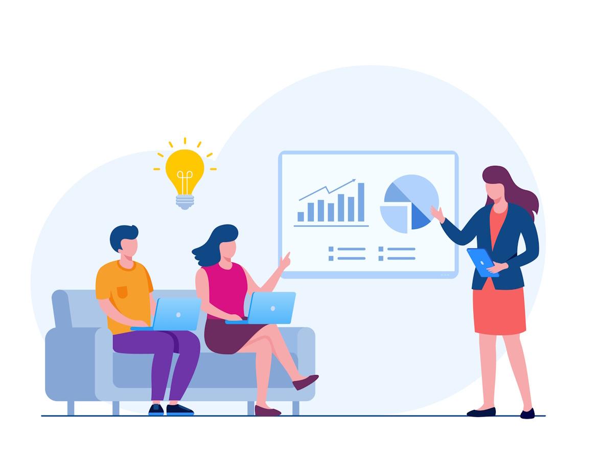 Menschen, die eine Präsentation halten mit Charts im Hintergrund