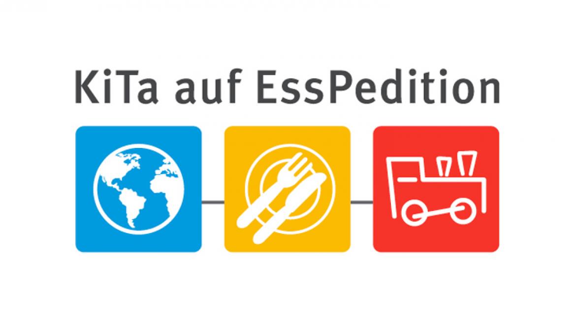 Logo der Aktion Kita auf Esspedition,  3 Symbole Weltkugel auf blauem Hintergrund, Besteck und Teller auf gelbem Hintergrund, Lok auf rotem Hintergrund