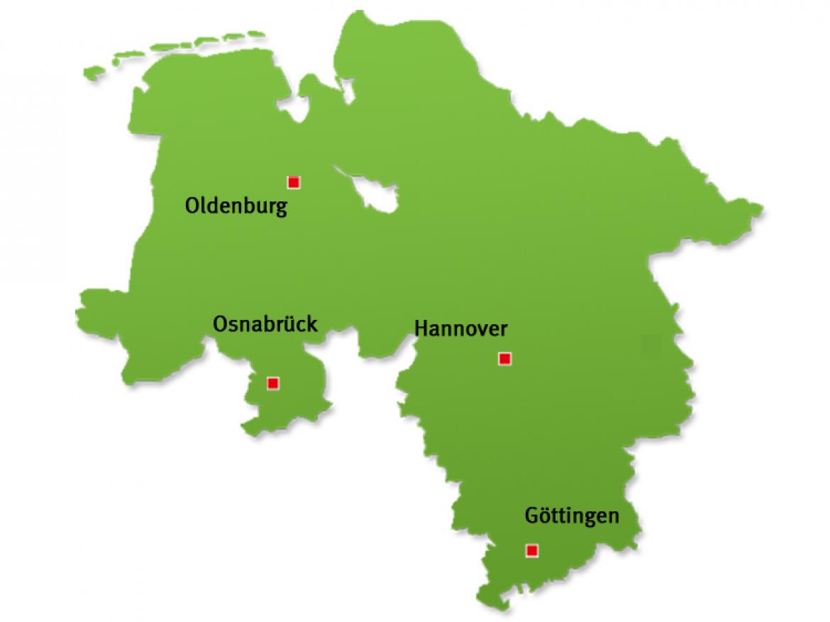 Niedersachsenkarte mit Standorten des Teams Ernährung Land