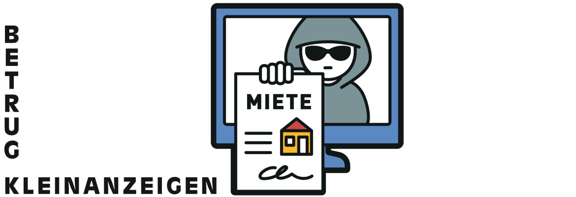 Grafik Mann mit Hoodie auf Bildschirm hält gefälschten Mietvertrag in Hand