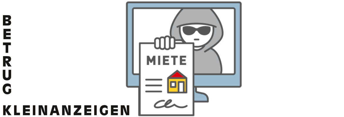 Grafik Mann mit Hoodie auf Bildschirm hält gefälschten Mietvertrag in Hand