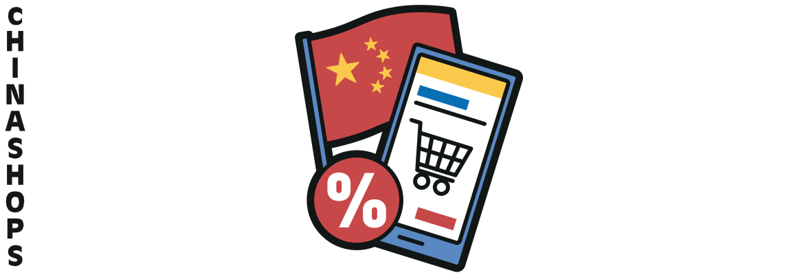 Grafik Flagge China, davor Smartphone mit Einkaufswagen und Prozentezeichen