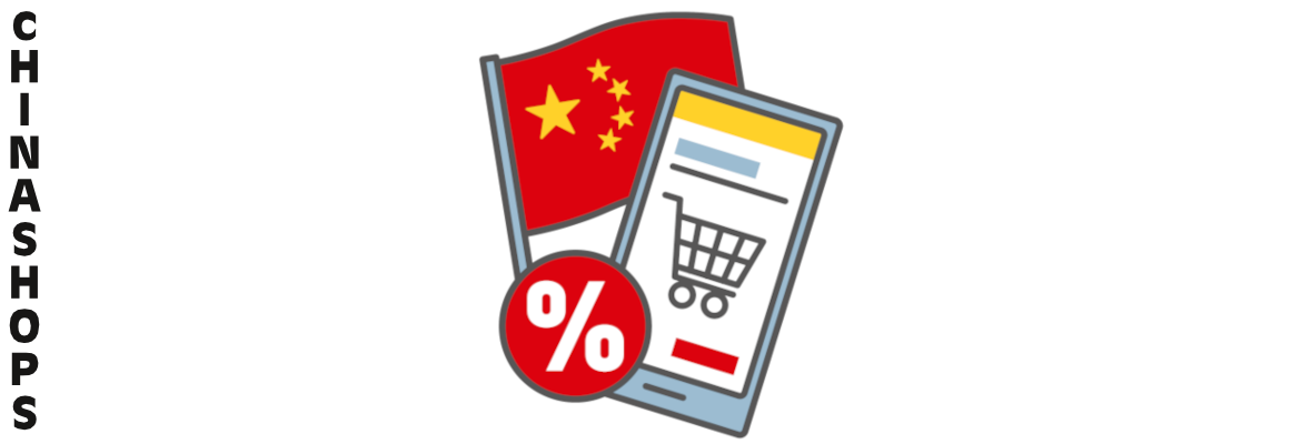Grafik Flagge China, davor Smartphone mit Einkaufswagen und Prozentezeichen