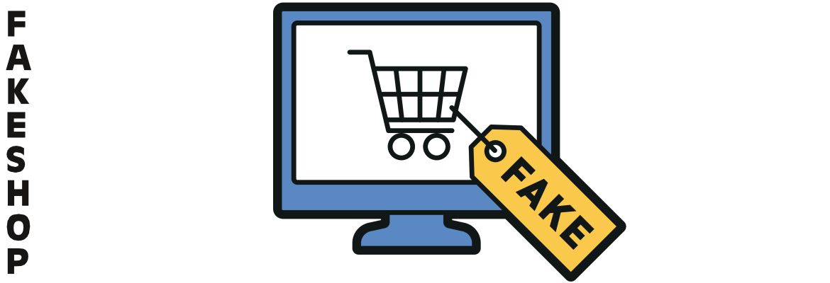 Monitor, auf dem sich ein Einkaufswagen befindet und ein gelbes Label mit Fake