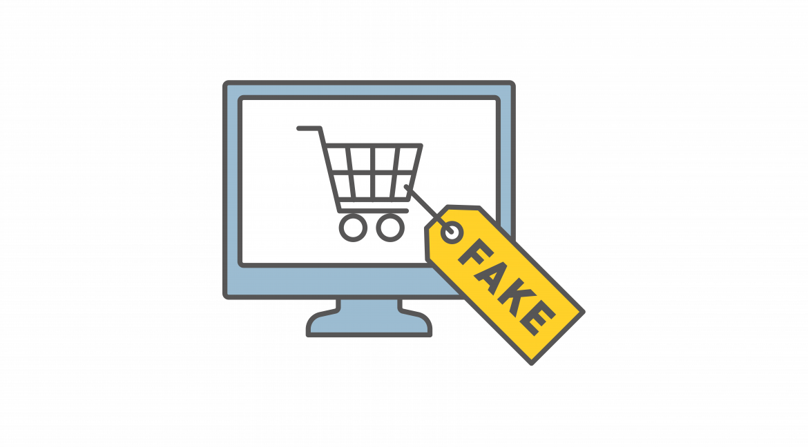 Grafik Monitor mit Einkaufswagen und Label Fake