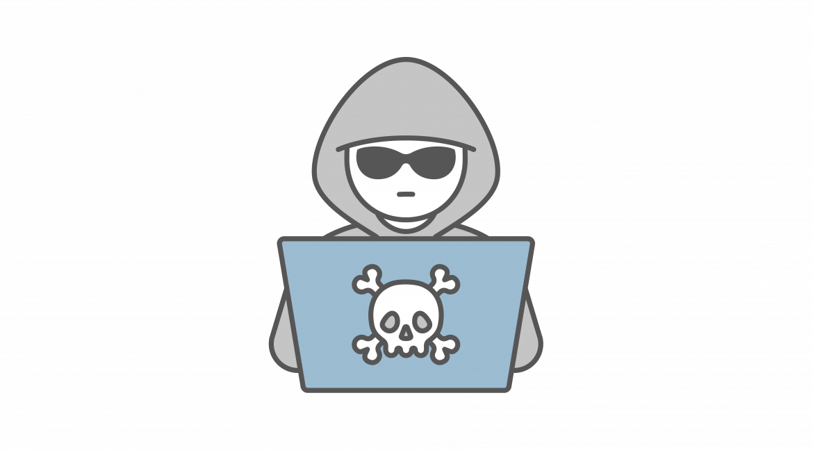 Grafik Person mit Hoodie und Sonnenbrille hinter Laptop mit Totenkopf