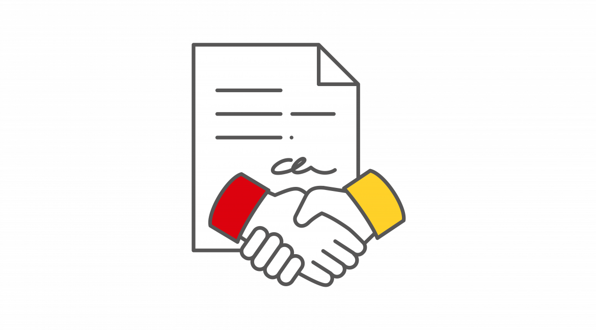Zeichnung Hände schütteln, dahinter Vertragsdokument