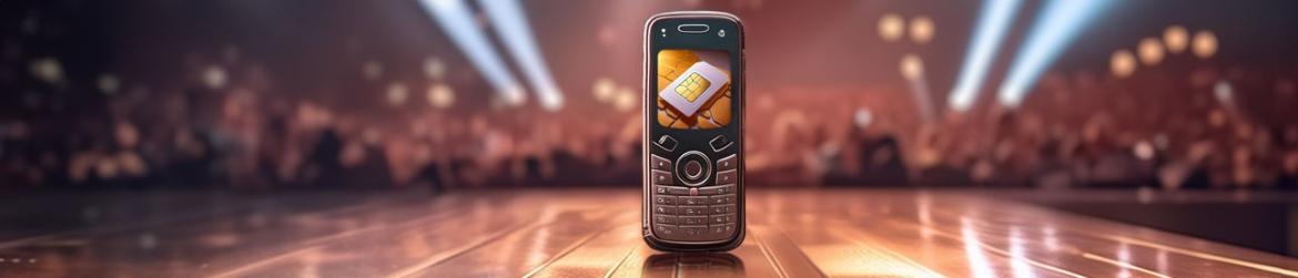 Altes Tastenhandy mit SIM Karte im Display auf Konzertbühne
