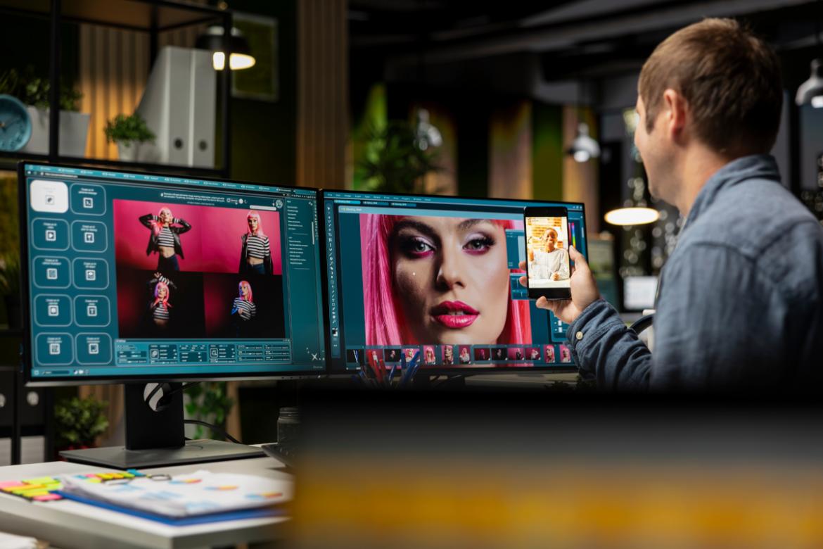 Bildbearbeiter sitzt vor zwei Monitoren und bearbeitet ein Bild