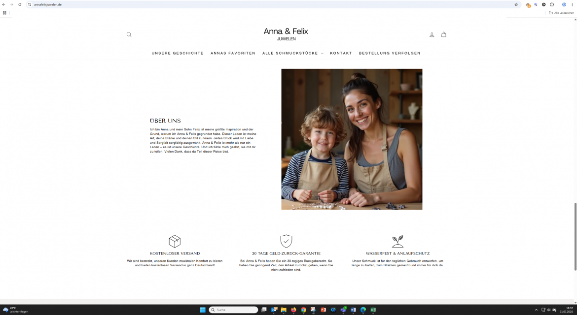 Screenshot KI generierter Fakeshop Anna Felixjuwelen