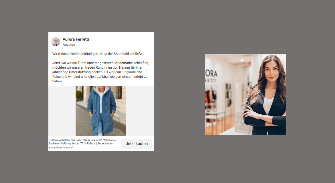 Screenshots KI generierter Fakeshop Aurora Ferretti auf Facebook