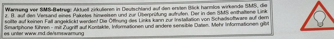 Auszug einer Mobilfunkrechnung mit einem Warnhinweis zu Smishing zu Artikel: Phishing - Wie Betrüger an Ihre Daten kommen