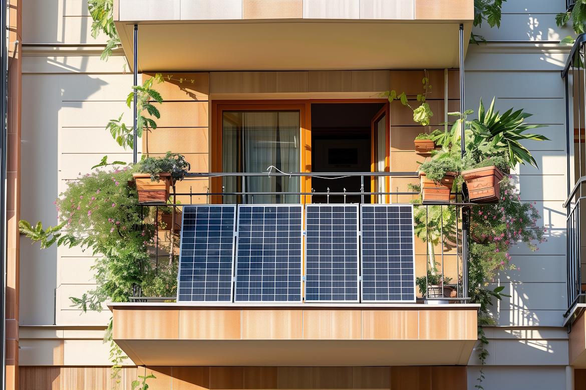 Balkonkraftwerk an Balkon an Mehrfamlienhaus