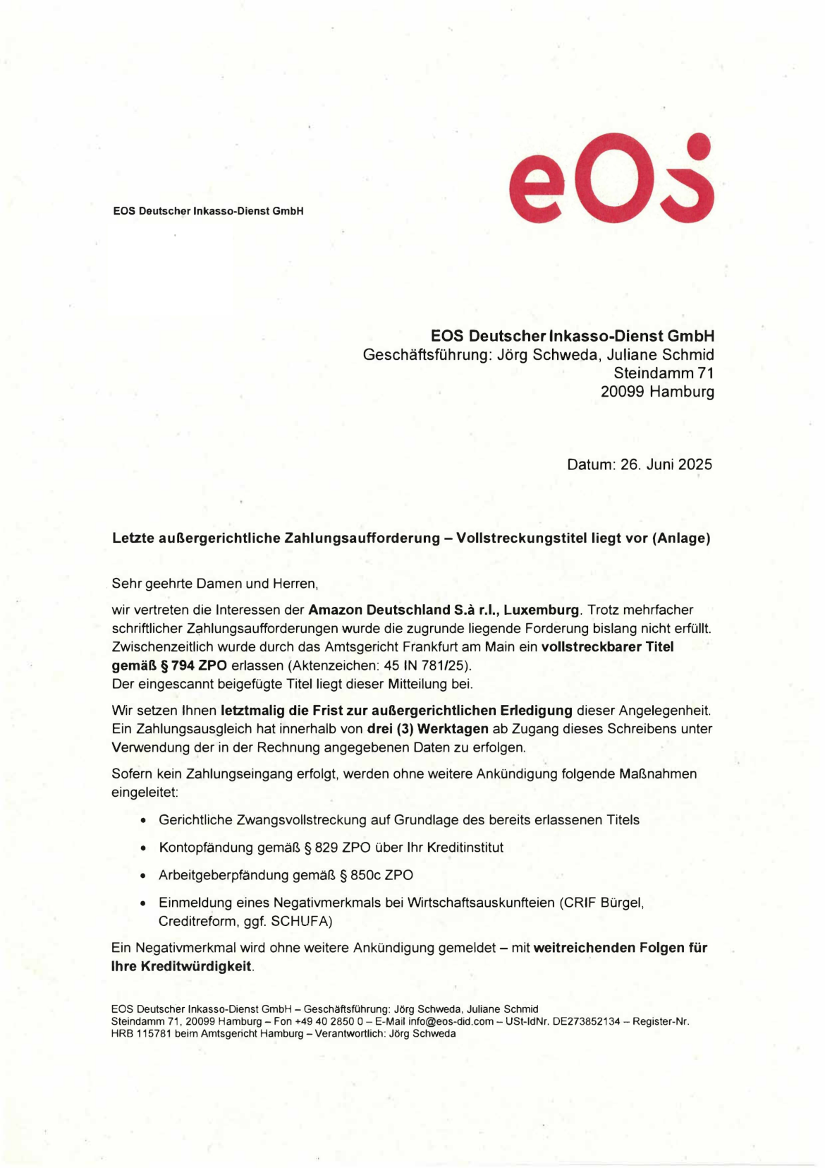 Zahlungsaufforderung gefälschtes EOS Schreiben Seite 1