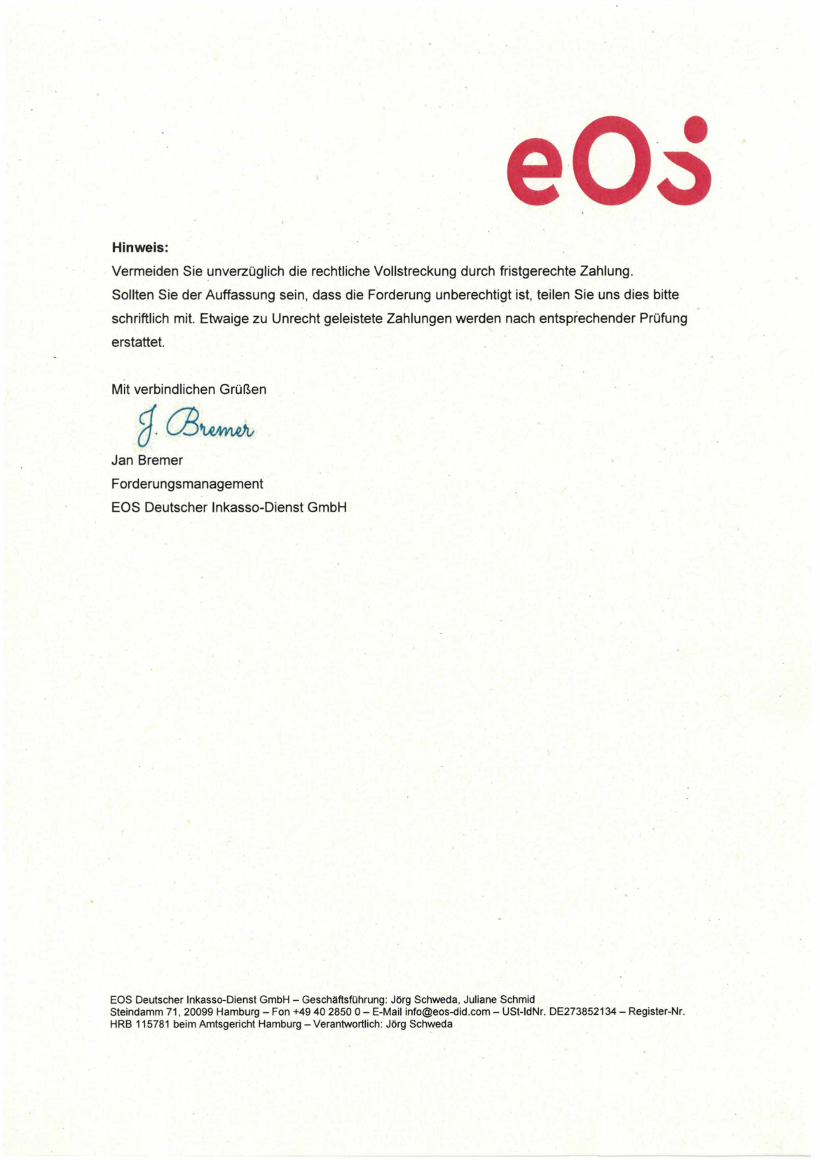 Zahlungsaufforderung gefälschtes EOS Schreiben Seite 2