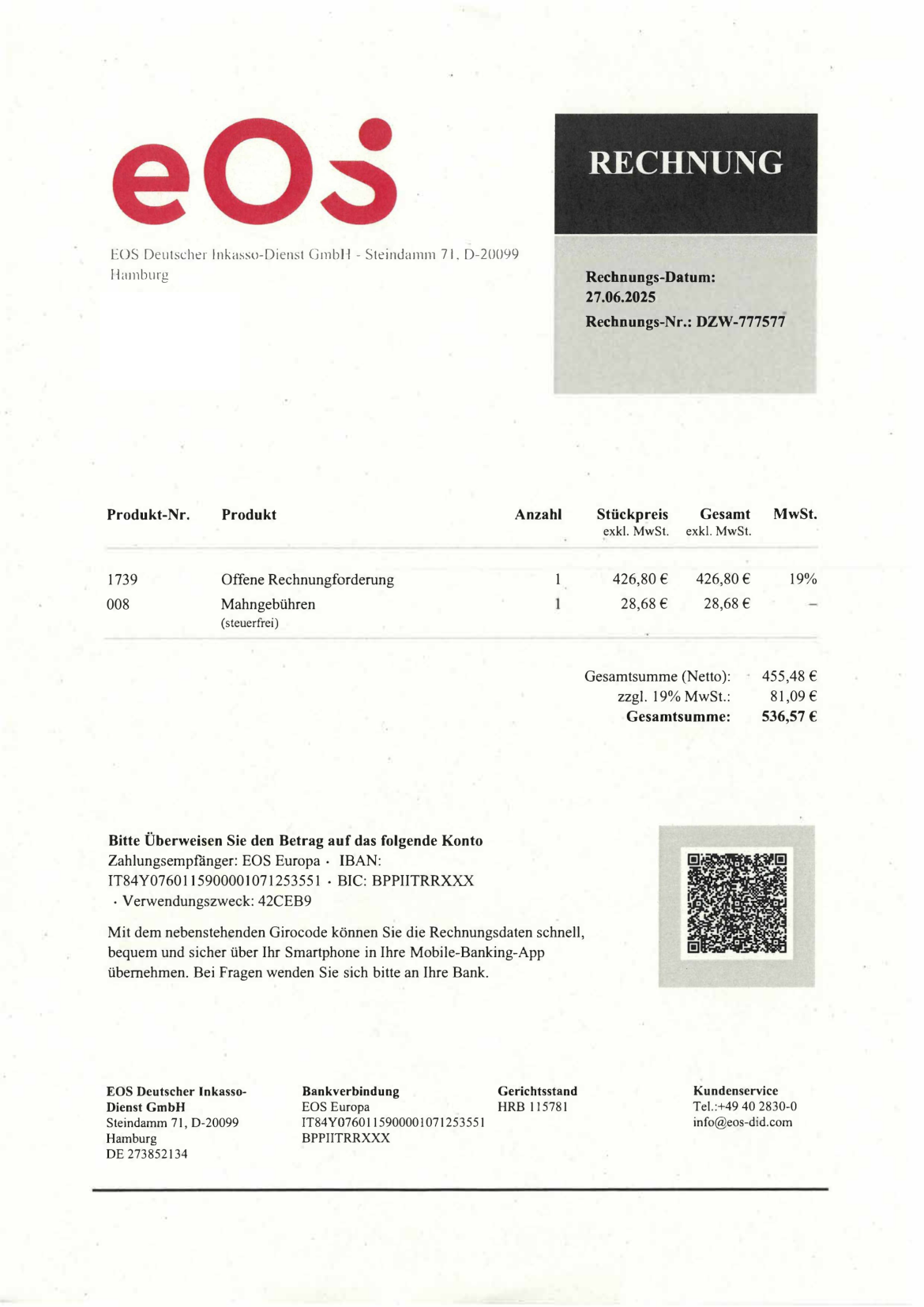 Angeblich offene Rechnung gefälschtes EOS Inkasso