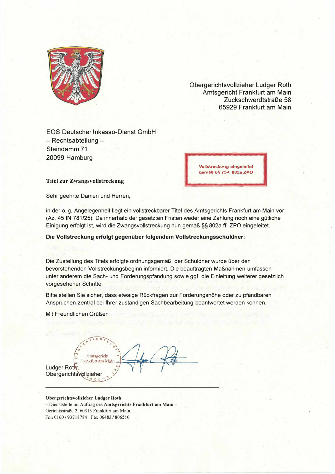Angeblicher Vollstreckungsbescheid EOS gefälscht