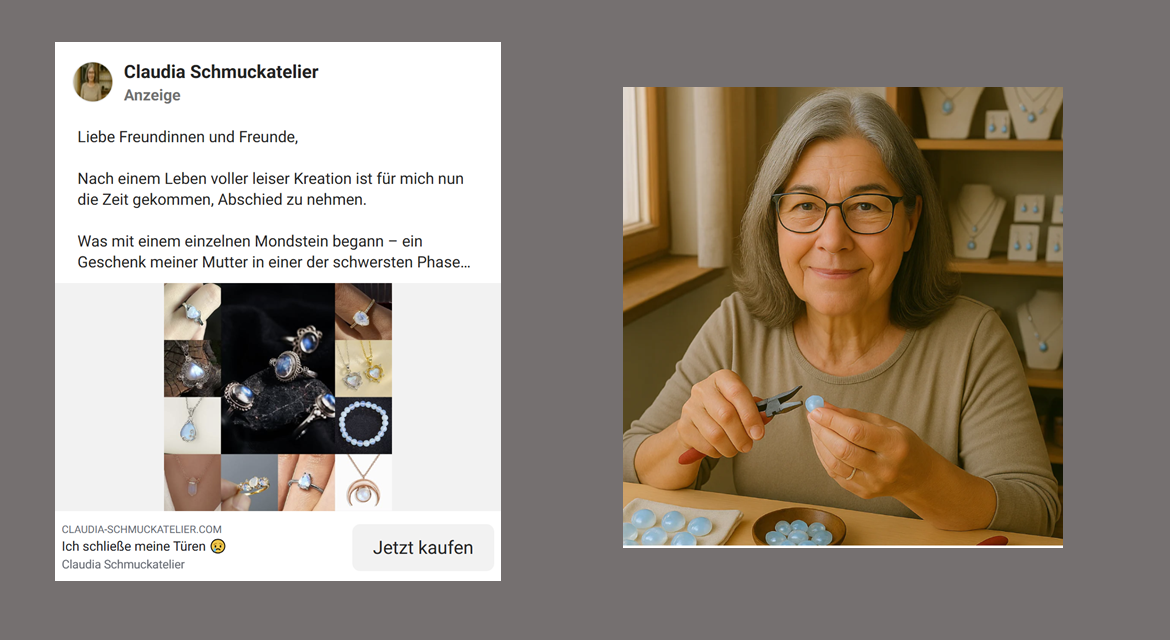 Screenshot KI generierter Fakeshop Claudias Schmuckatelier von Facebook