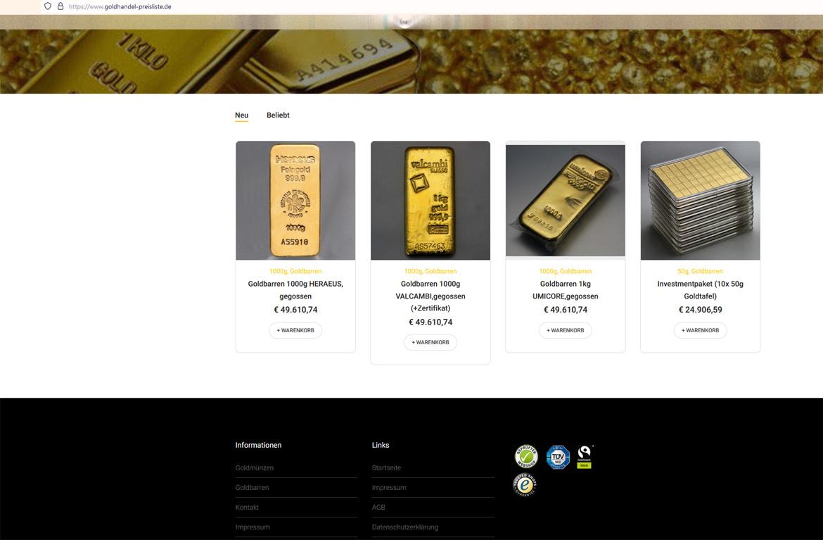 Screenshot eines Fake-Shops für Gold