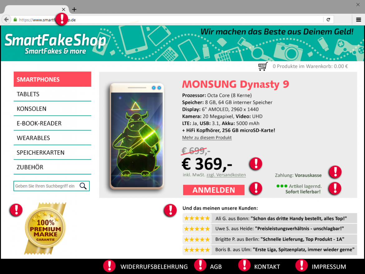 Nachgebaute Grafik einer Website mit Elementen eines Fakeshops, um diesen zu enttarnen