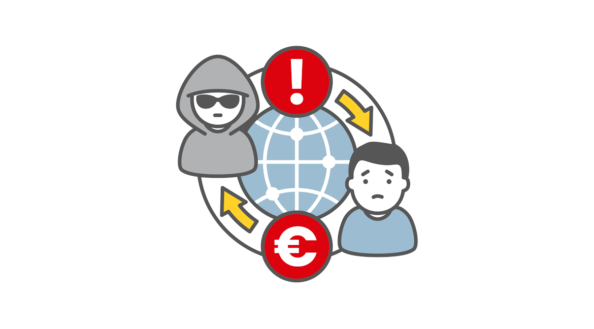 Zeichnung Mensch mit Hoodie und Sonnenbrille, Ausrufezeichen, Eurozeichen, Mensch mit blauem Schirt