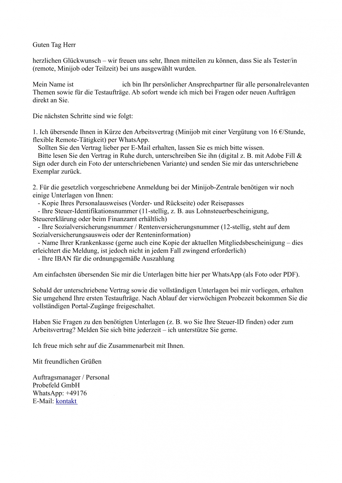 Gesprächsverlauf eines Jobscammingangebots, geführt in einem Messenger